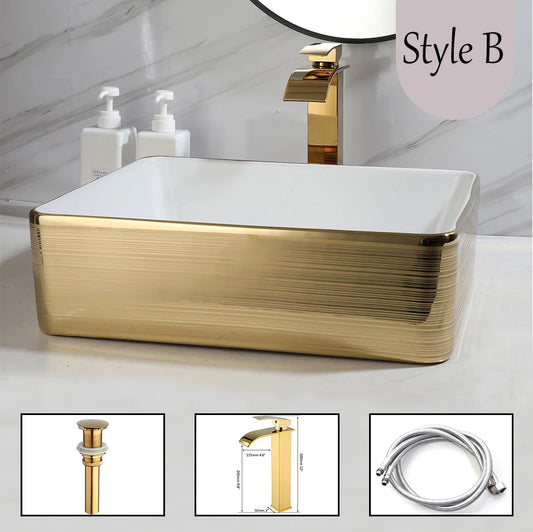 Yanksmart Ceramic Rectangular Bathroom Sink And Brass Faucet Kit