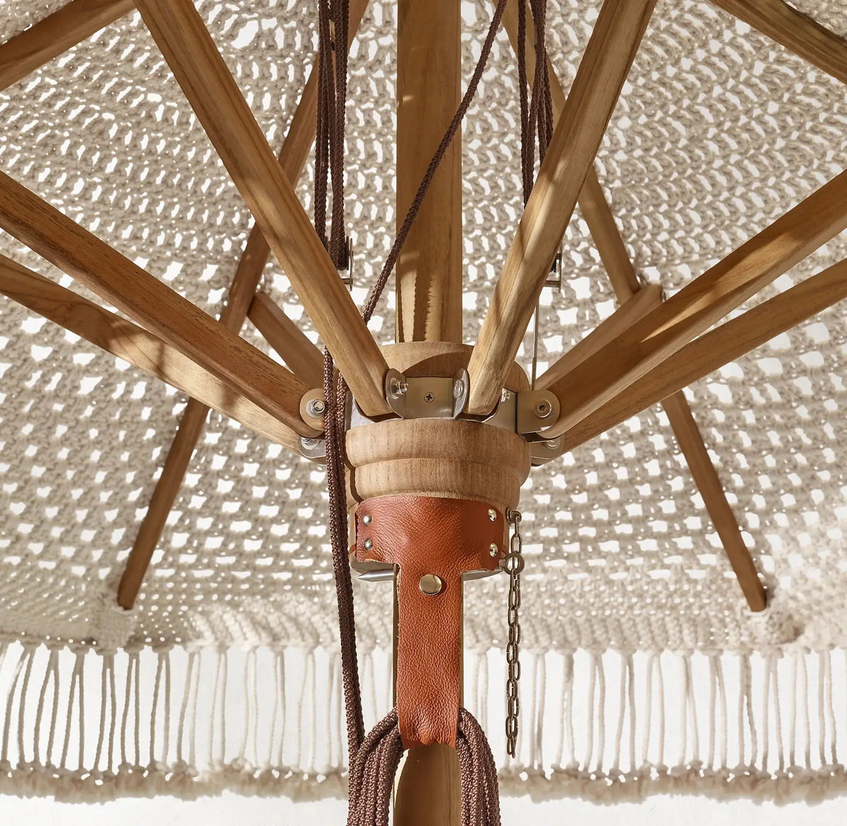 Wood Grain Aluminum Beach Umbrella With Macrame Fringe Canopy