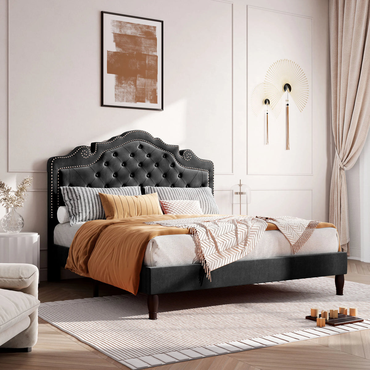 HOOMIC Velvet Tiara Platform Bed With Diamond Tufted Headboard