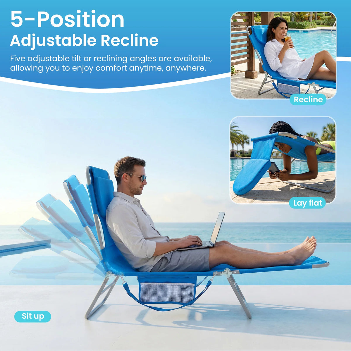 JHK 5 Position Adjustable Folding Beach Lounge Chair Portable Recliner