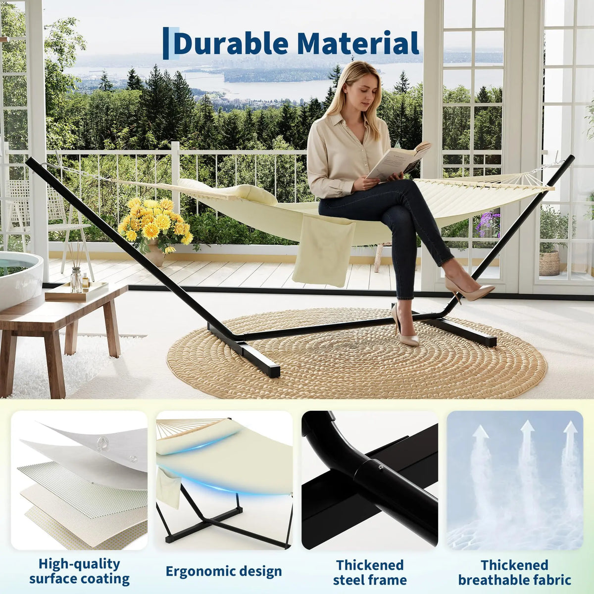 Freestanding Double Hammock With Steel Stand For Patio And Garden