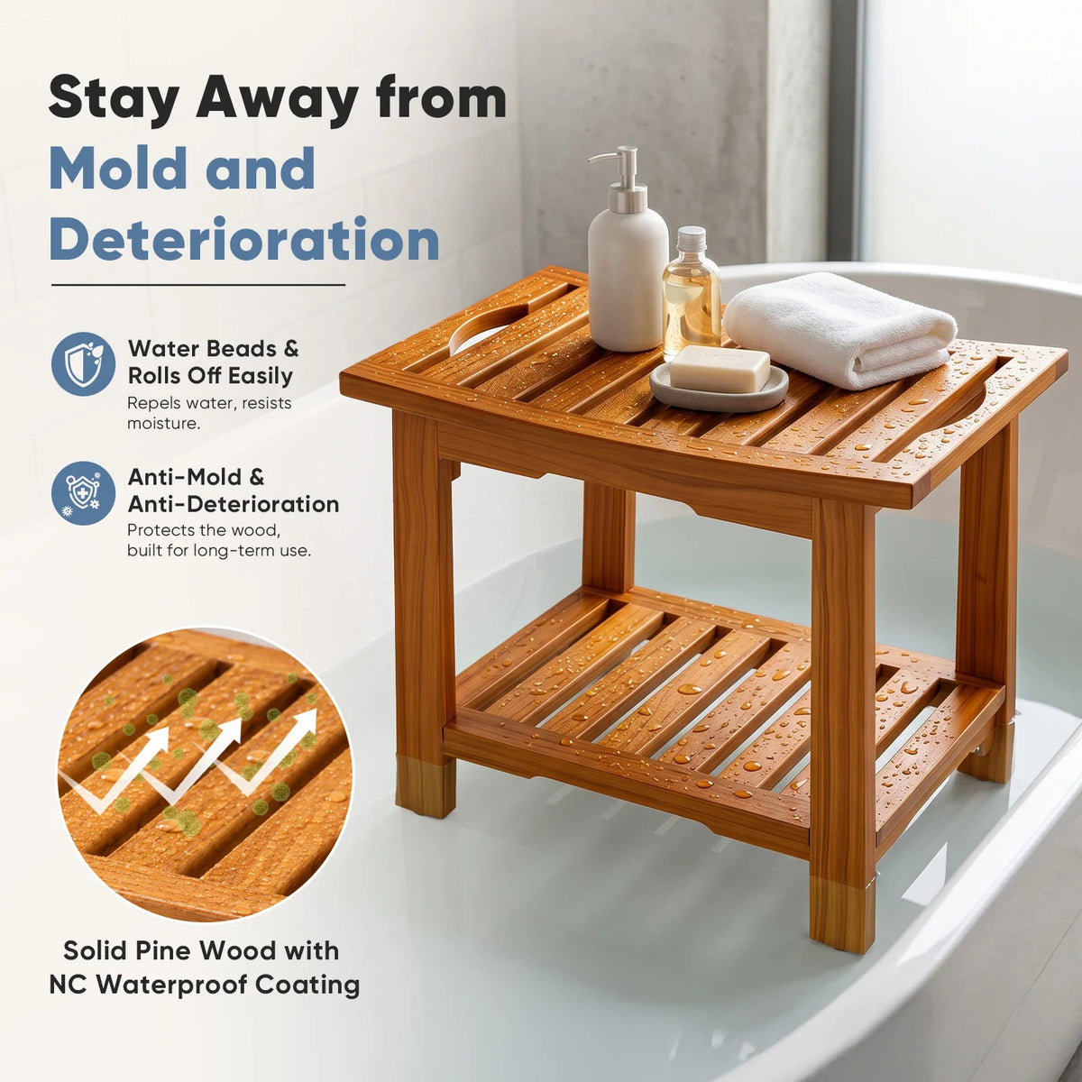 JHK Wooden Shower Bench With Storage Shelf And Handles
