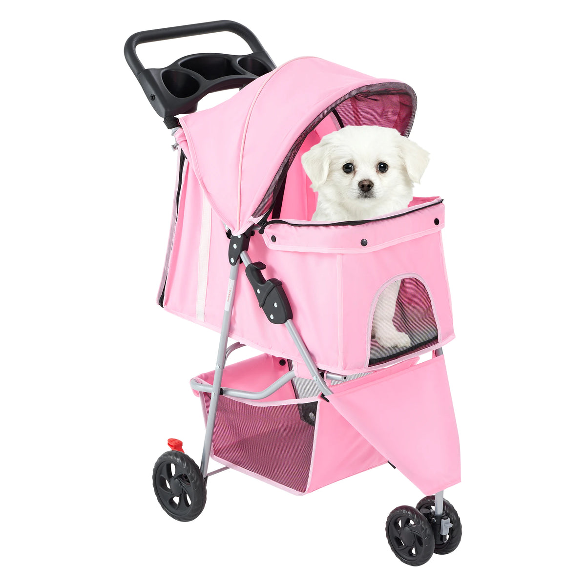 Three Wheel Foldable Pet Stroller With Mesh Windows And Basket