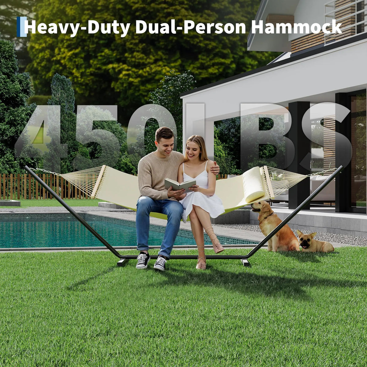 Freestanding Double Hammock With Steel Stand For Patio And Garden
