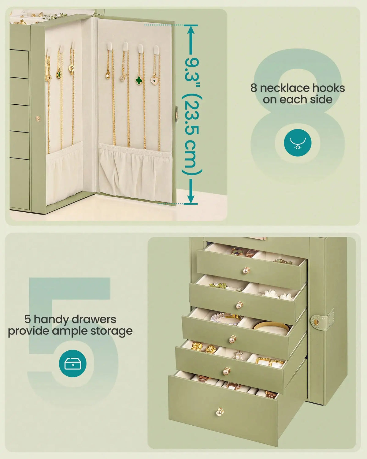 Jewelry Organizer Box With Mirror Lock And Five Storage Drawers