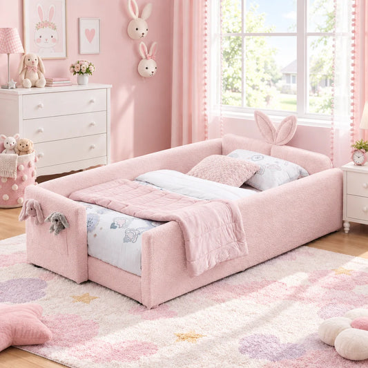 Upholstered Platform Bed Featuring Rabbit Ear Headboard And Storage