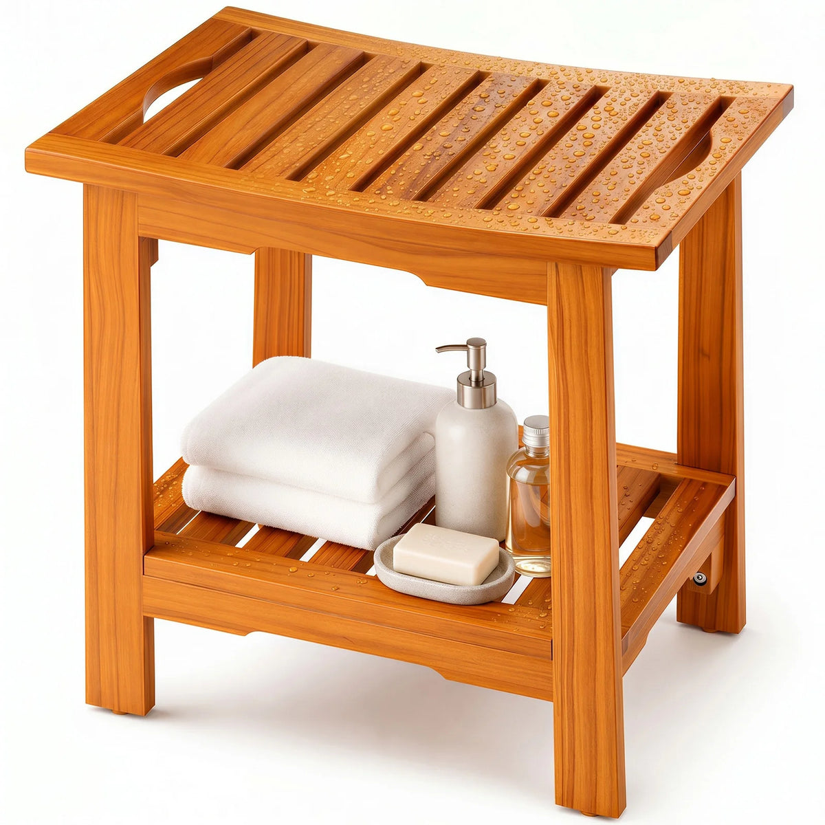 JHK Wooden Shower Bench With Storage Shelf And Handles