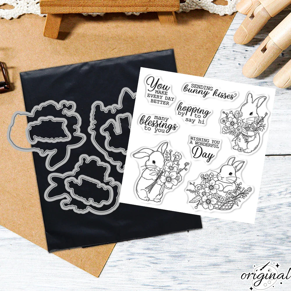 Flowers And Bunny Rabbits Stamp And Cutting Die Set for Scrapbooking