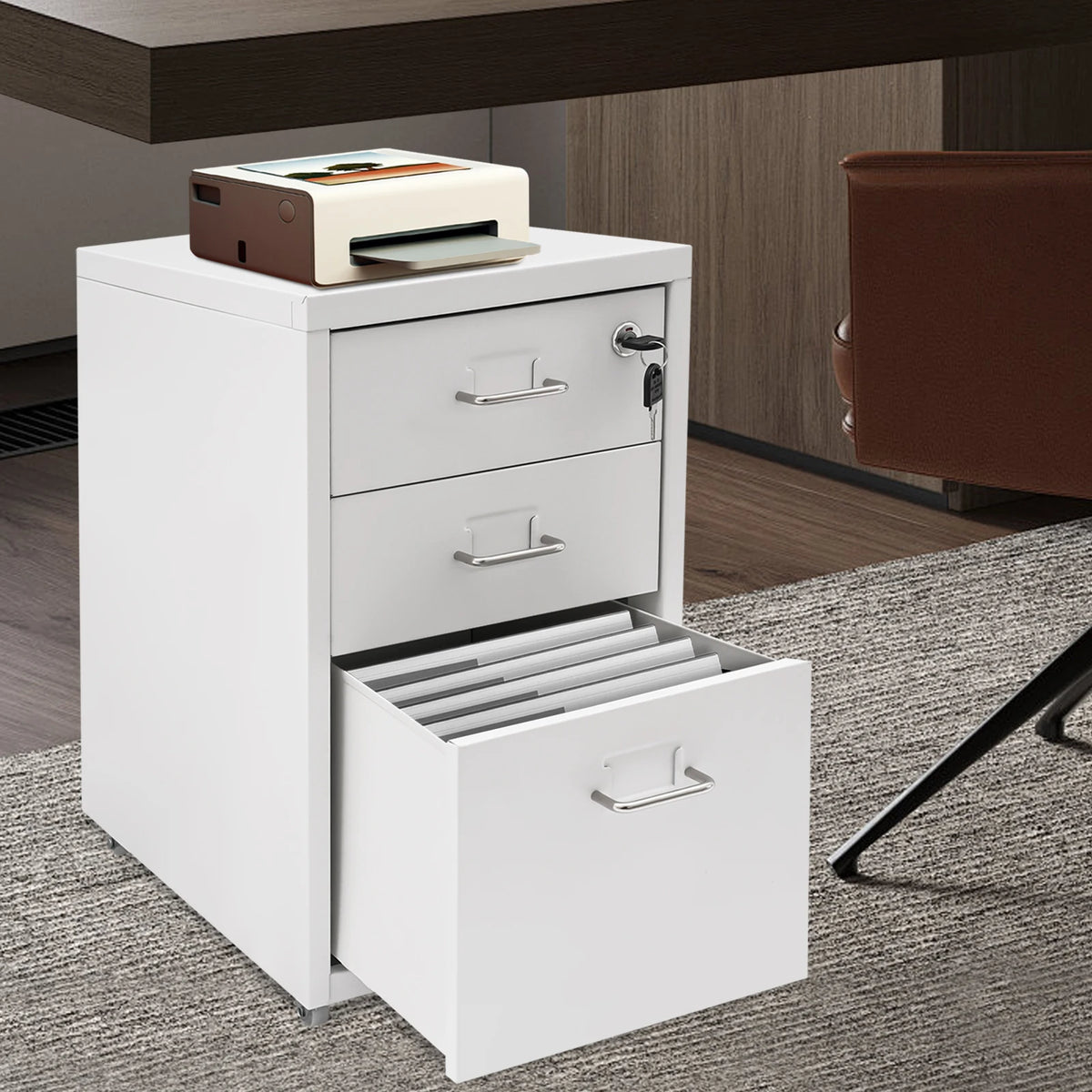 Three Tier Steel Mobile Filing Cabinet With Lock For Office