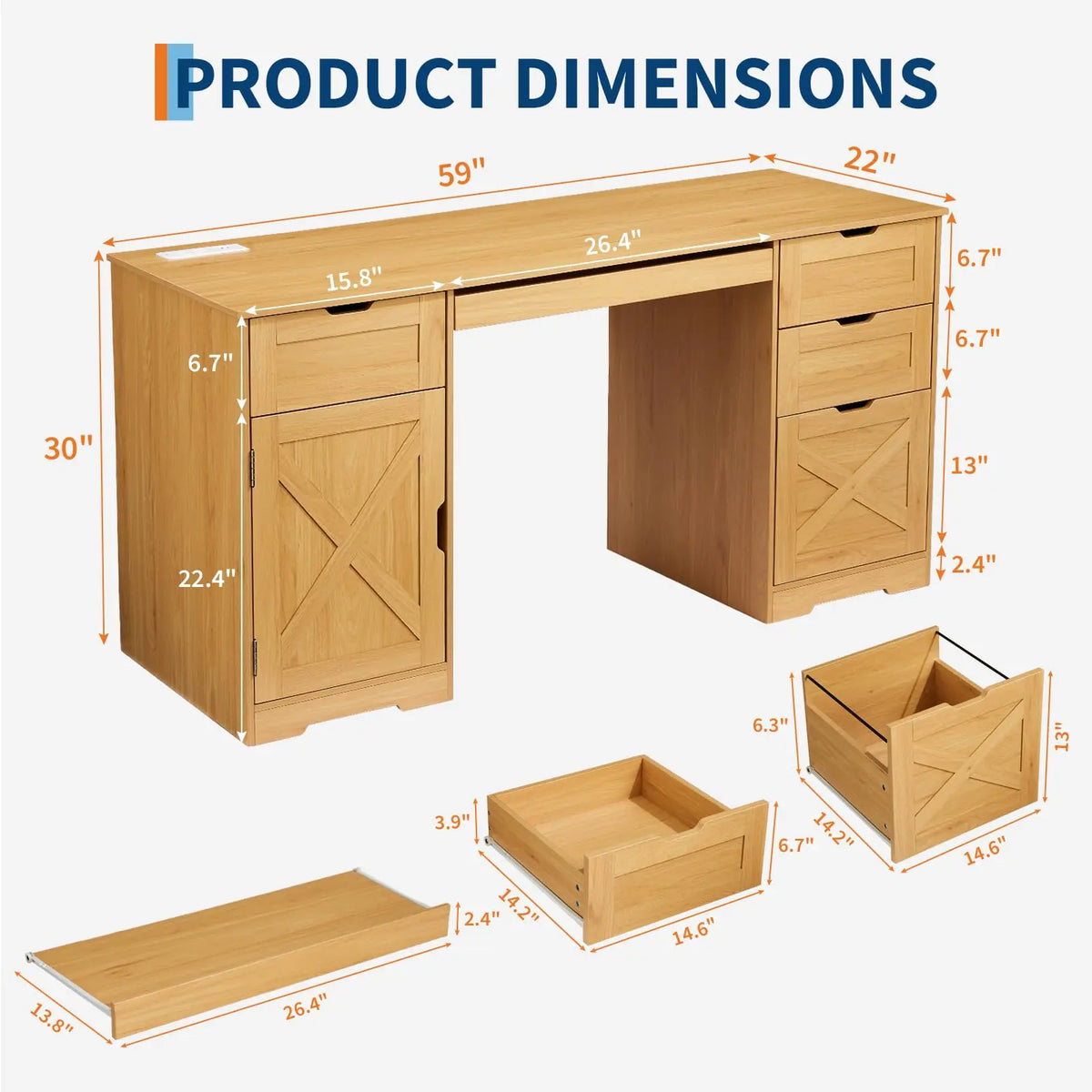 HiMISS Farmhouse Office Desk With Drawers And Charging Station