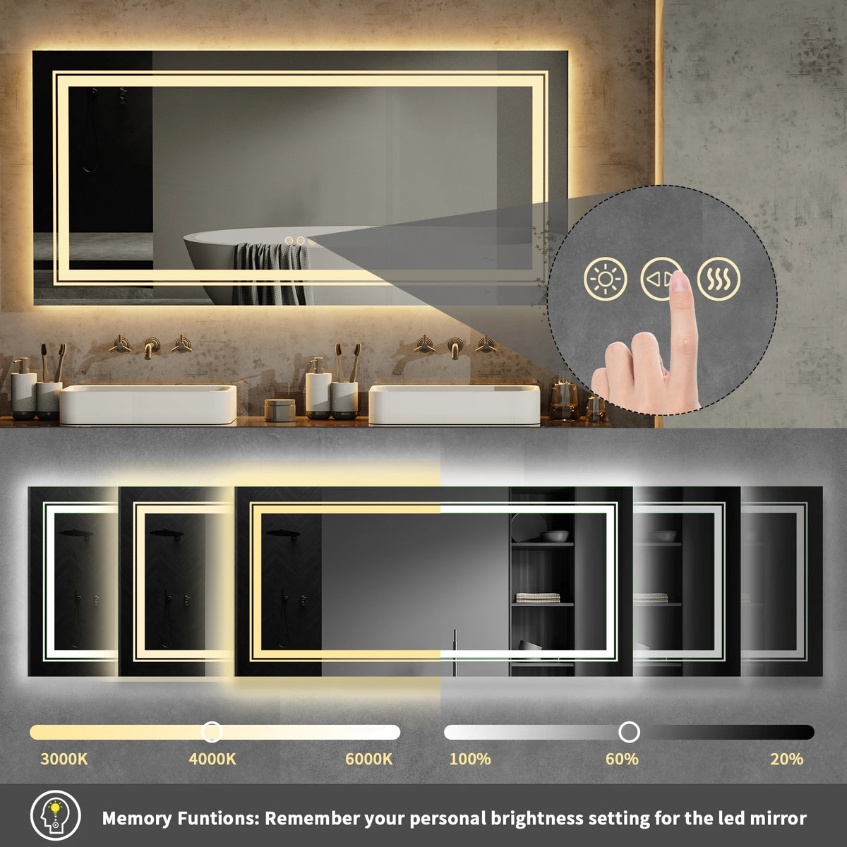 Wisfor Led Anti Fog Dimmable Bathroom Vanity Mirror