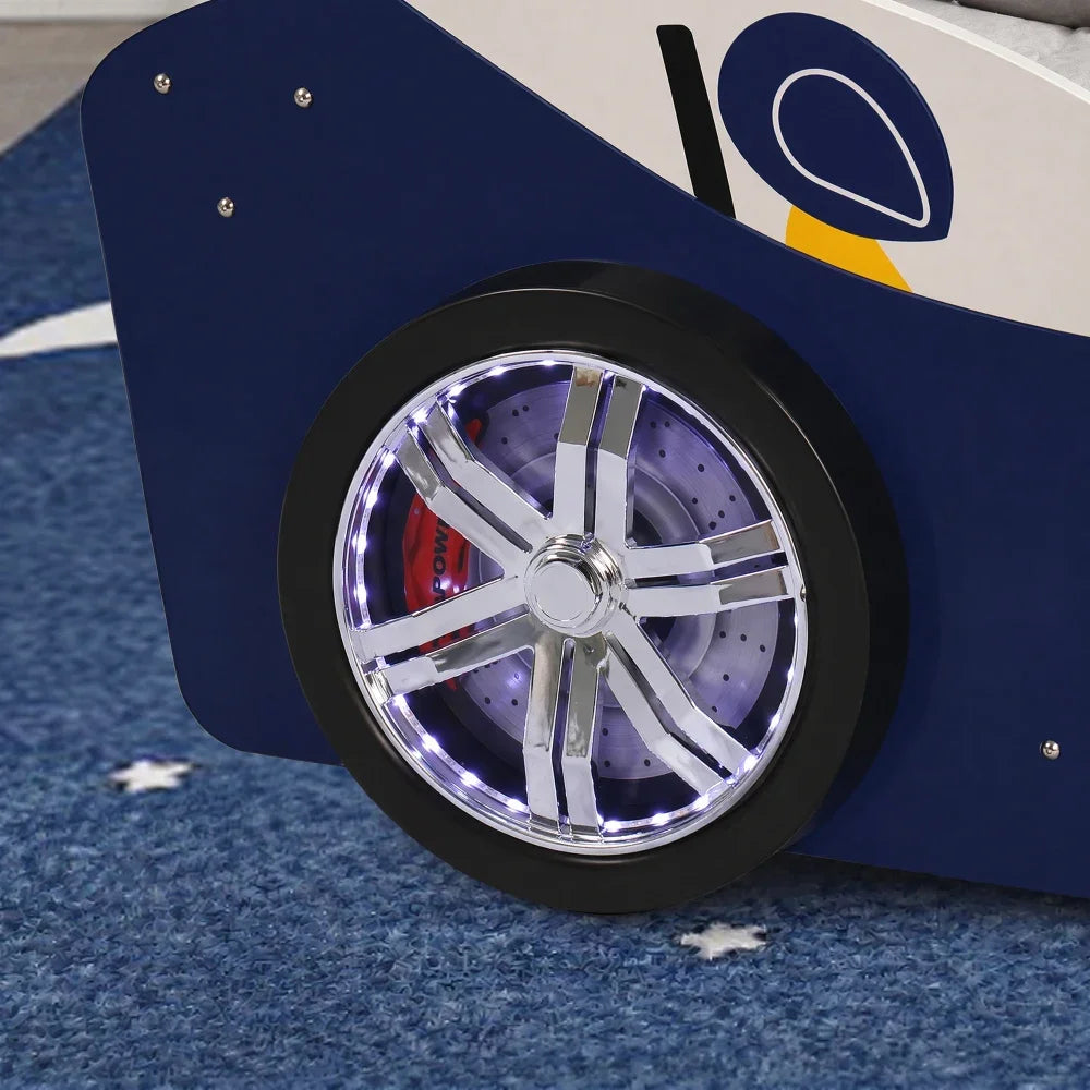 Children Racing Style Car Bed Frame Featuring Luminous Wheels