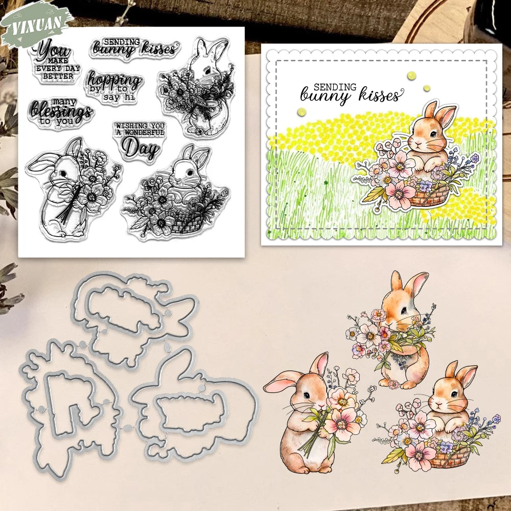 Flowers And Bunny Rabbits Stamp And Cutting Die Set for Scrapbooking