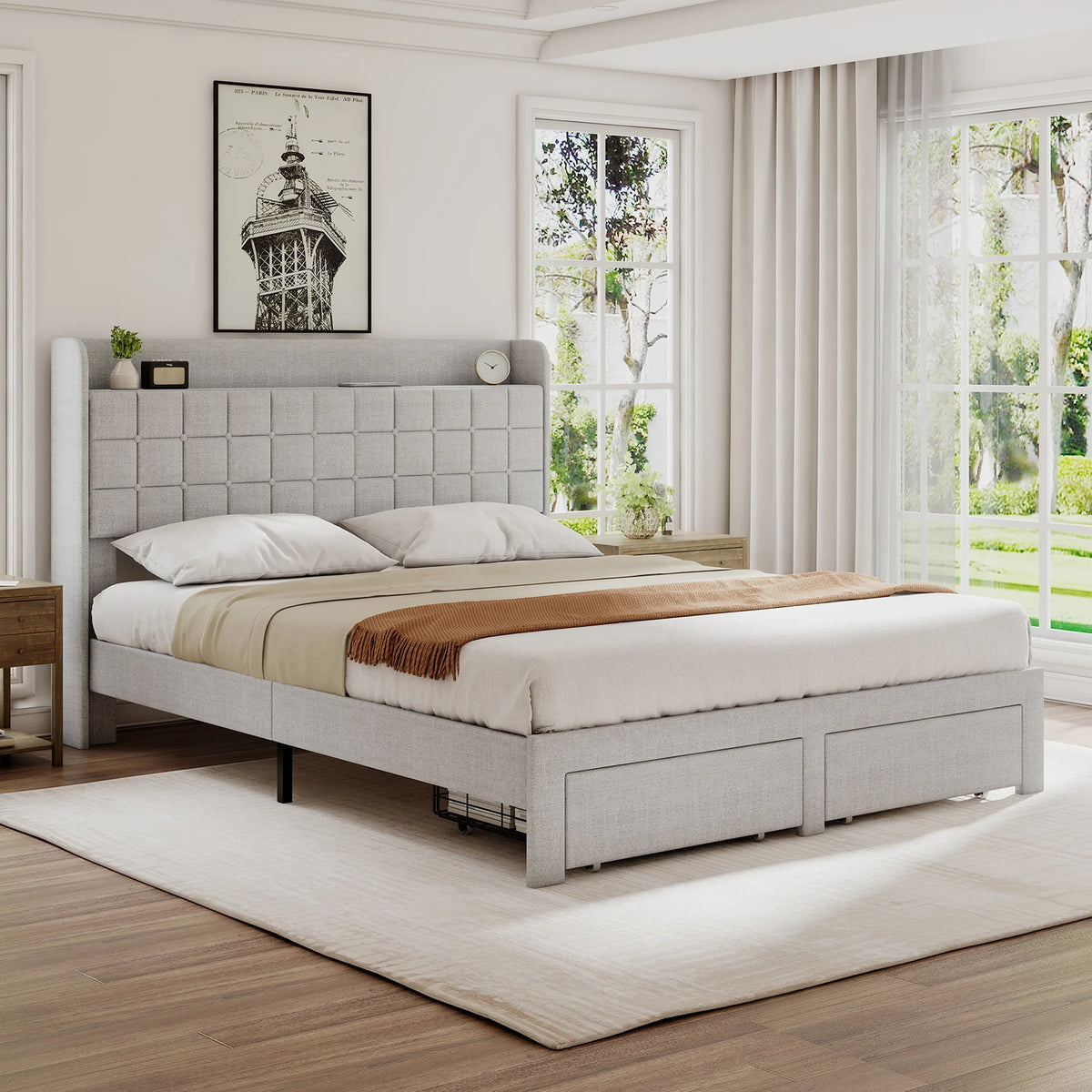 MCQ Upholstered Platform Bed Frame With Storage Drawers And Headboard