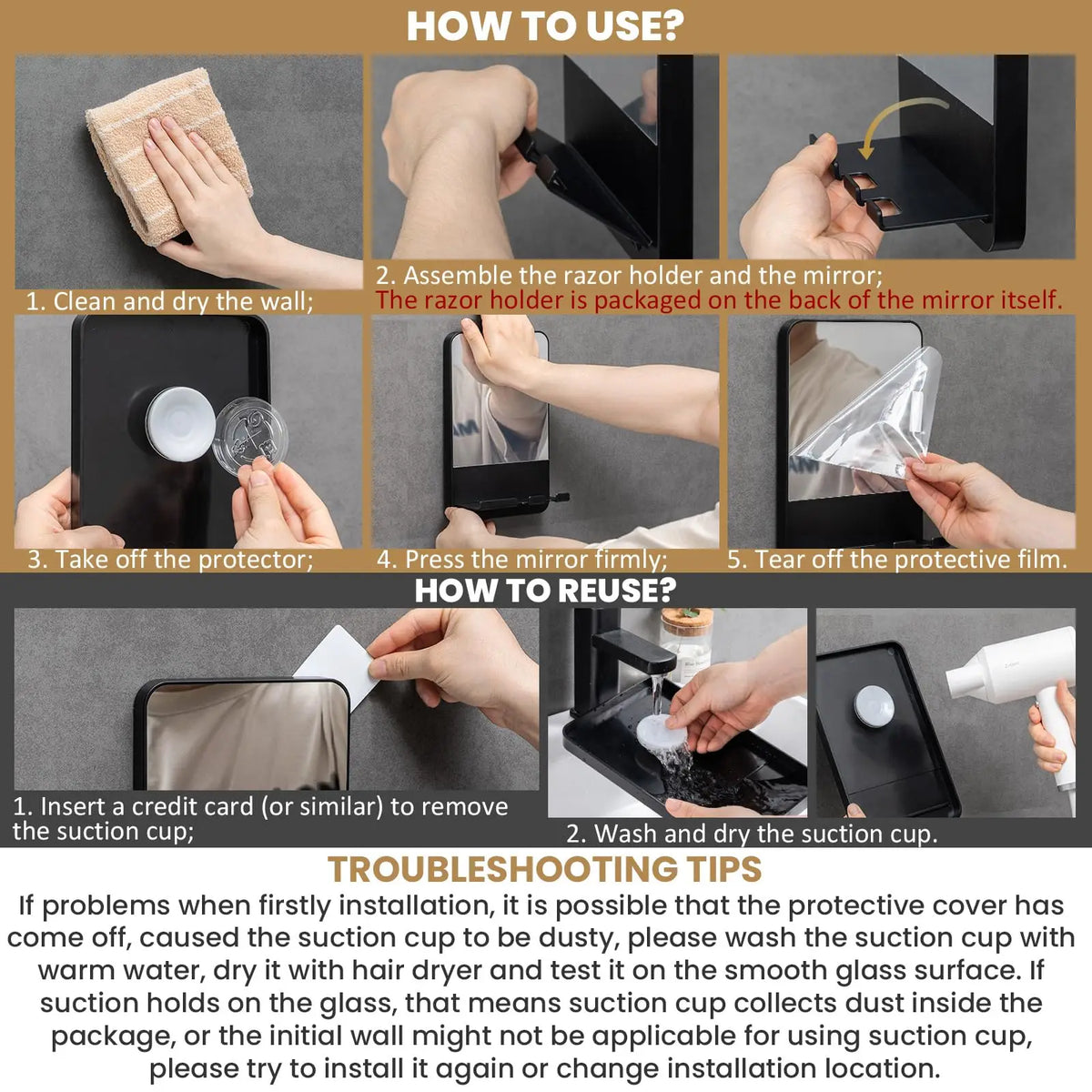 Fogless Shower Mirror With Razor Holder For Bathroom Suction Mount