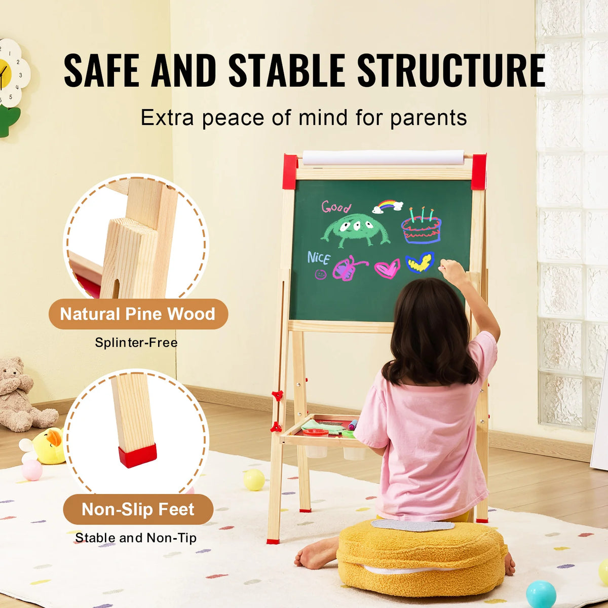 SucceBuy Wooden Double Sided Kids Art Easel Whiteboard Chalkboard