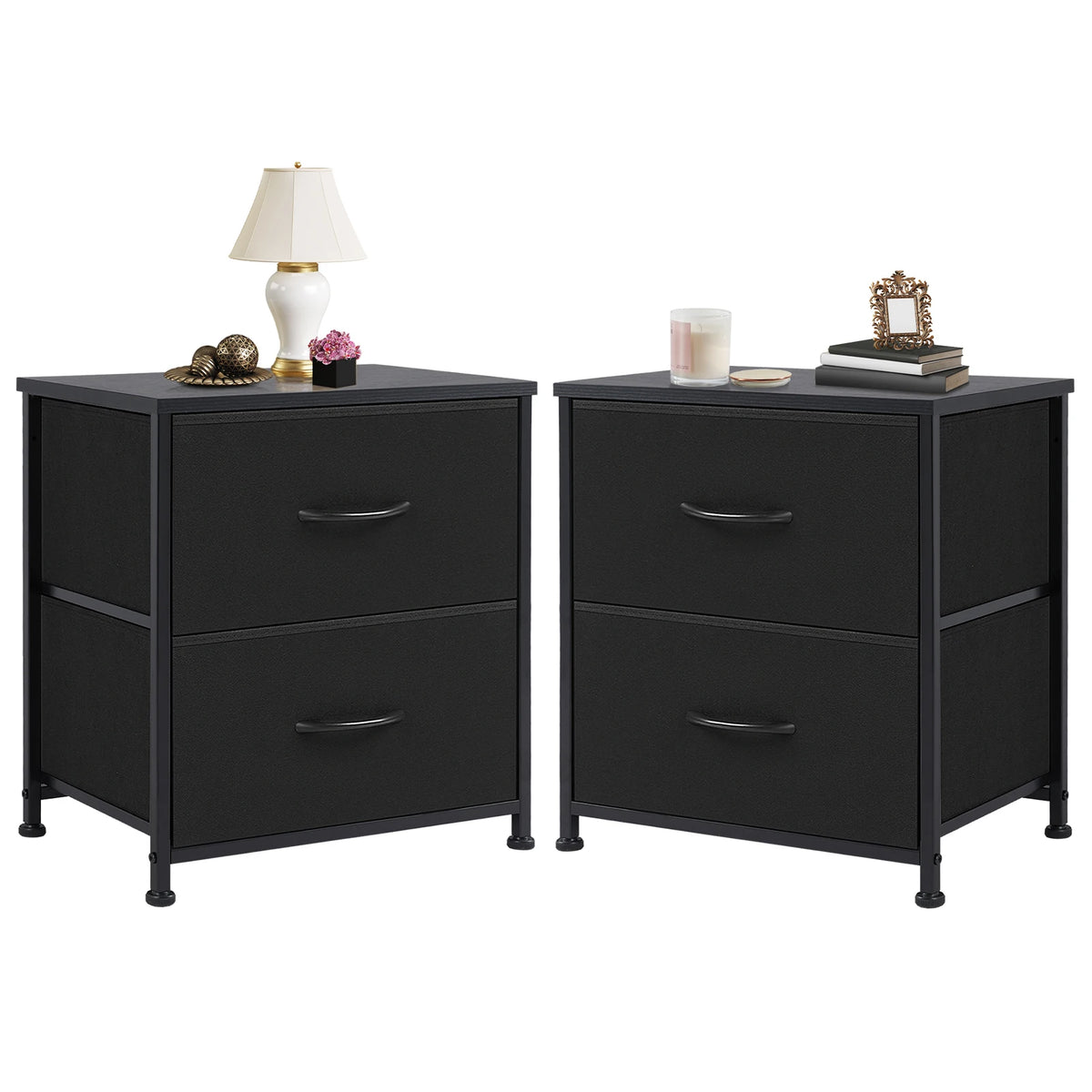 JHK Modern Metal Nightstand Cabinet With Fabric Drawer Storage