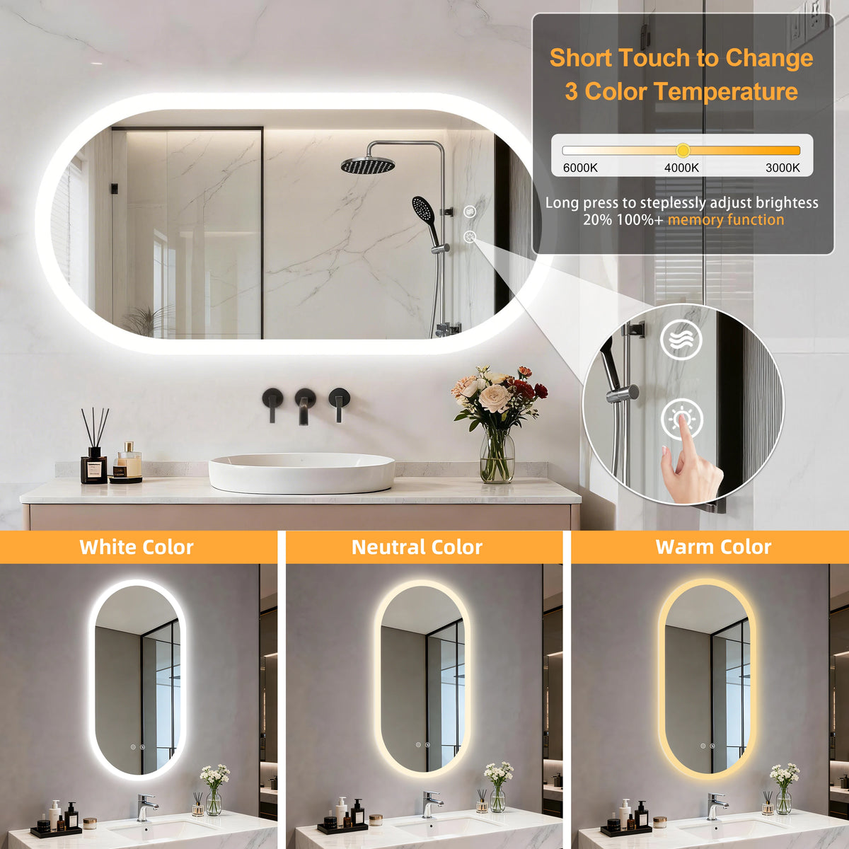 Borwart Anti Fog Oval LED Bathroom Mirror With Frameless Design