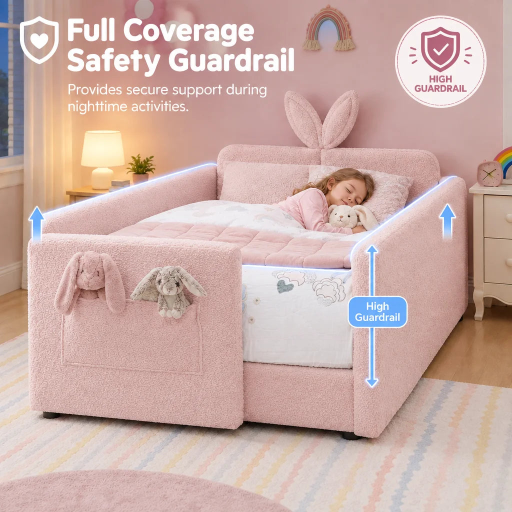 Upholstered Platform Bed Featuring Rabbit Ear Headboard And Storage