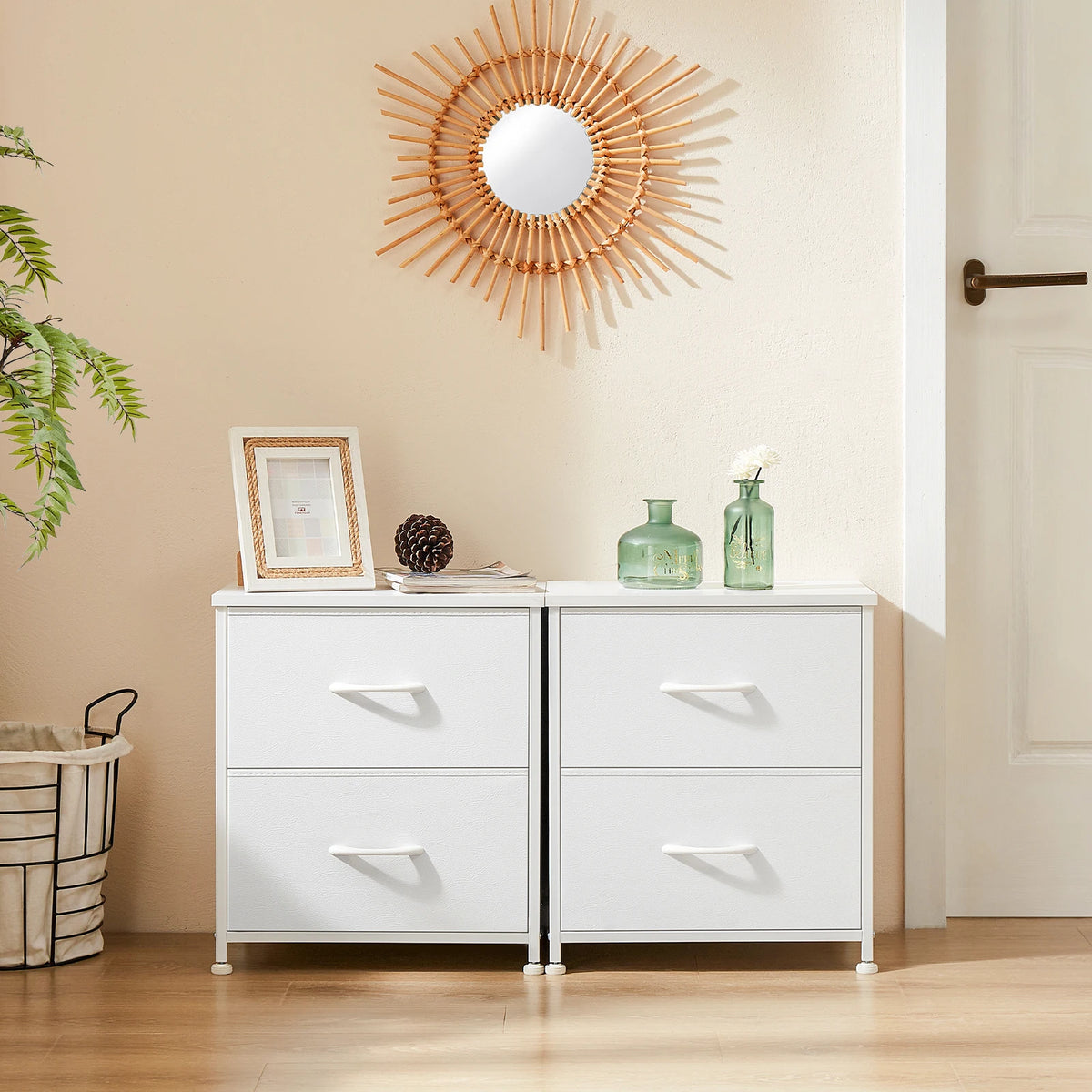 JHK Modern Metal Nightstand Cabinet With Fabric Drawer Storage