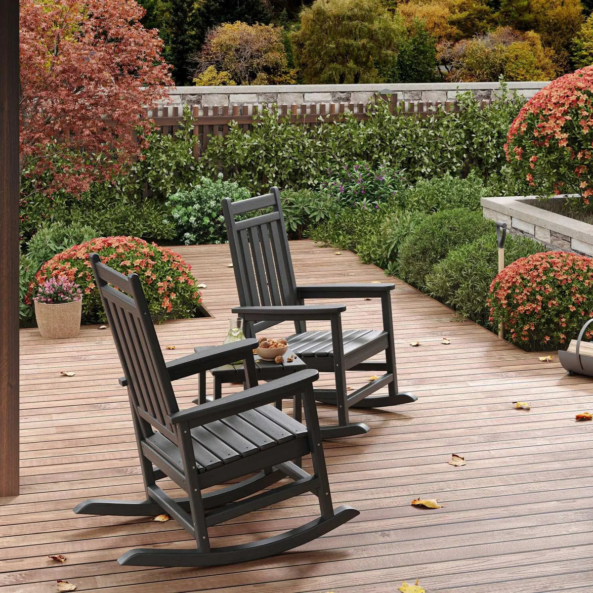 HDPE Outdoor Rocking Chair Pair with Matching Side Table for Patio