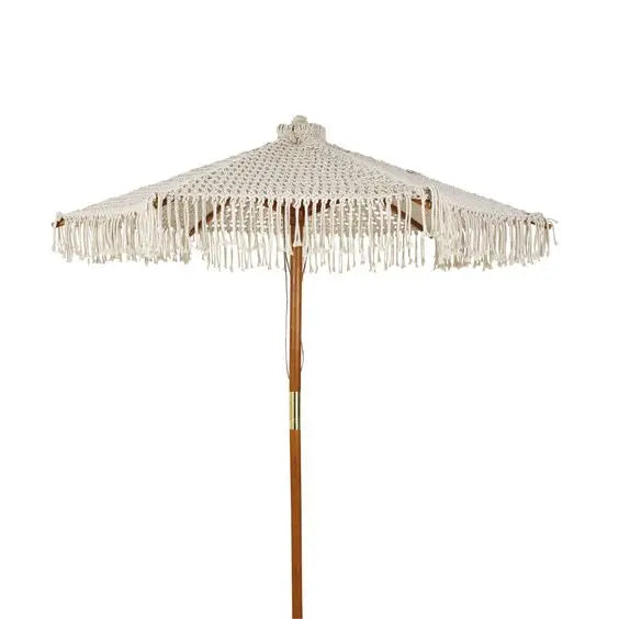 Wood Grain Aluminum Beach Umbrella With Macrame Fringe Canopy