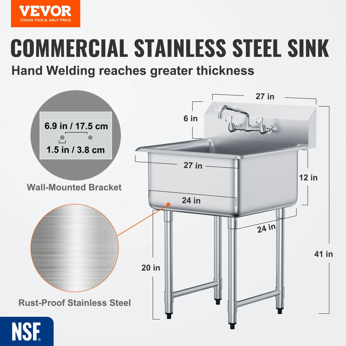 SucceBuy Stainless Steel Commercial Single Bowl Utility Sink With Faucet