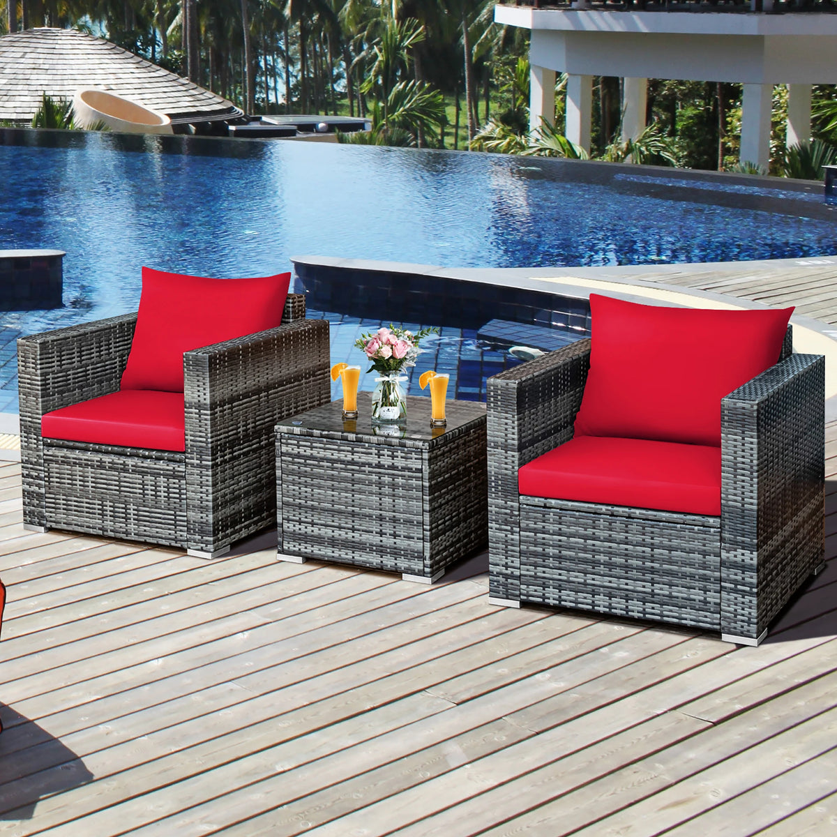 HOMASIS Outdoor Rattan Bistro Set With Cushioned Chairs And Table