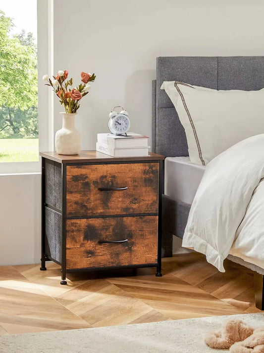 JHK Modern Metal Nightstand Cabinet With Fabric Drawer Storage