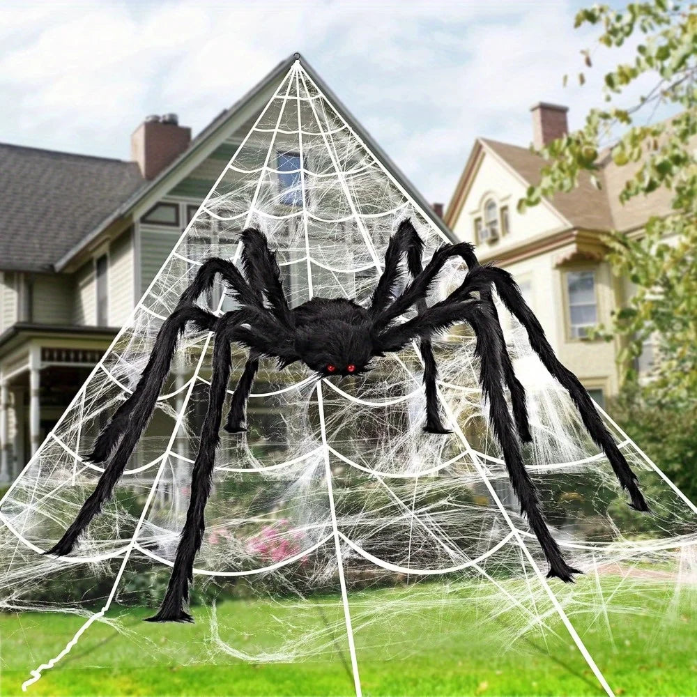 Giant Halloween Spider And Stretchy Outdoor Web Decoration Set