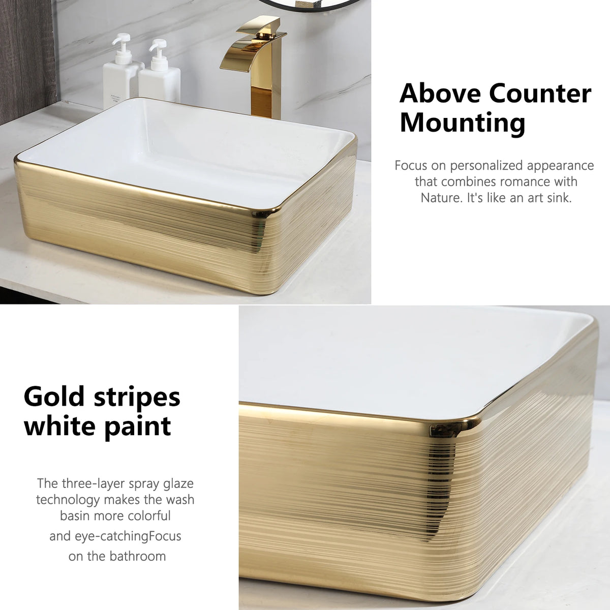 Yanksmart Ceramic Rectangular Bathroom Sink And Brass Faucet Kit