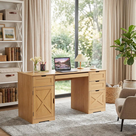 HiMISS Farmhouse Office Desk With Drawers And Charging Station