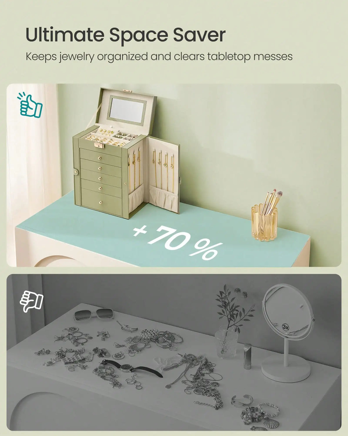 Jewelry Organizer Box With Mirror Lock And Five Storage Drawers