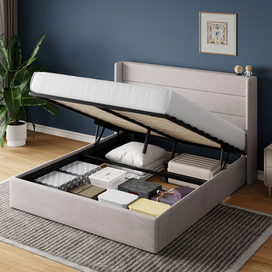 Hoomic Lift Up Storage Bed With Hydraulic Wingback Headboard
