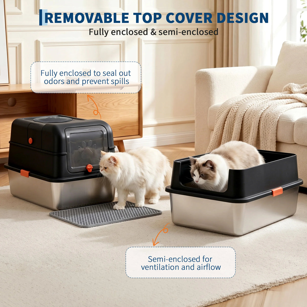 HiMISS Stainless Steel Enclosed Cat Litter Box With Scoop