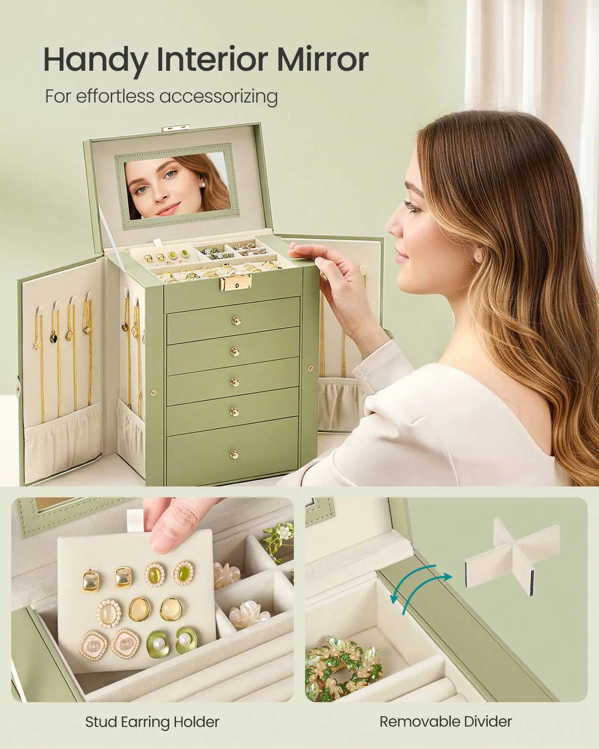 Jewelry Organizer Box With Mirror Lock And Five Storage Drawers