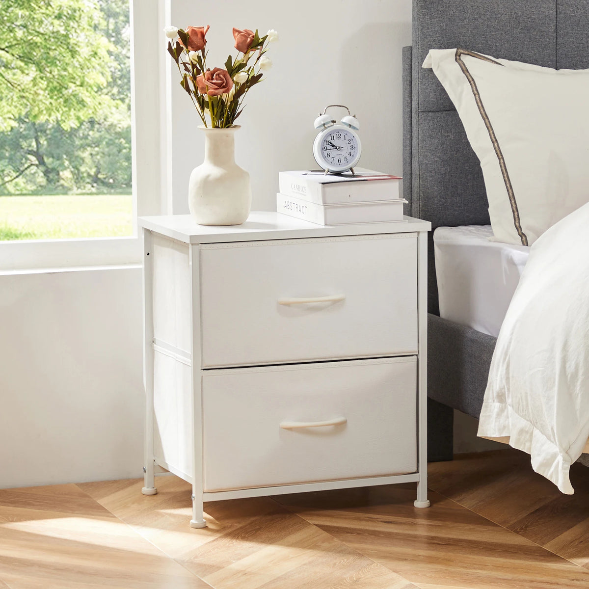 JHK Modern Metal Nightstand Cabinet With Fabric Drawer Storage