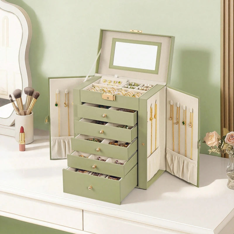 Jewelry Organizer Box With Mirror Lock And Five Storage Drawers