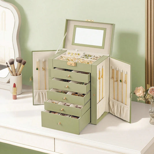 Jewelry Organizer Box With Mirror Lock And Five Storage Drawers