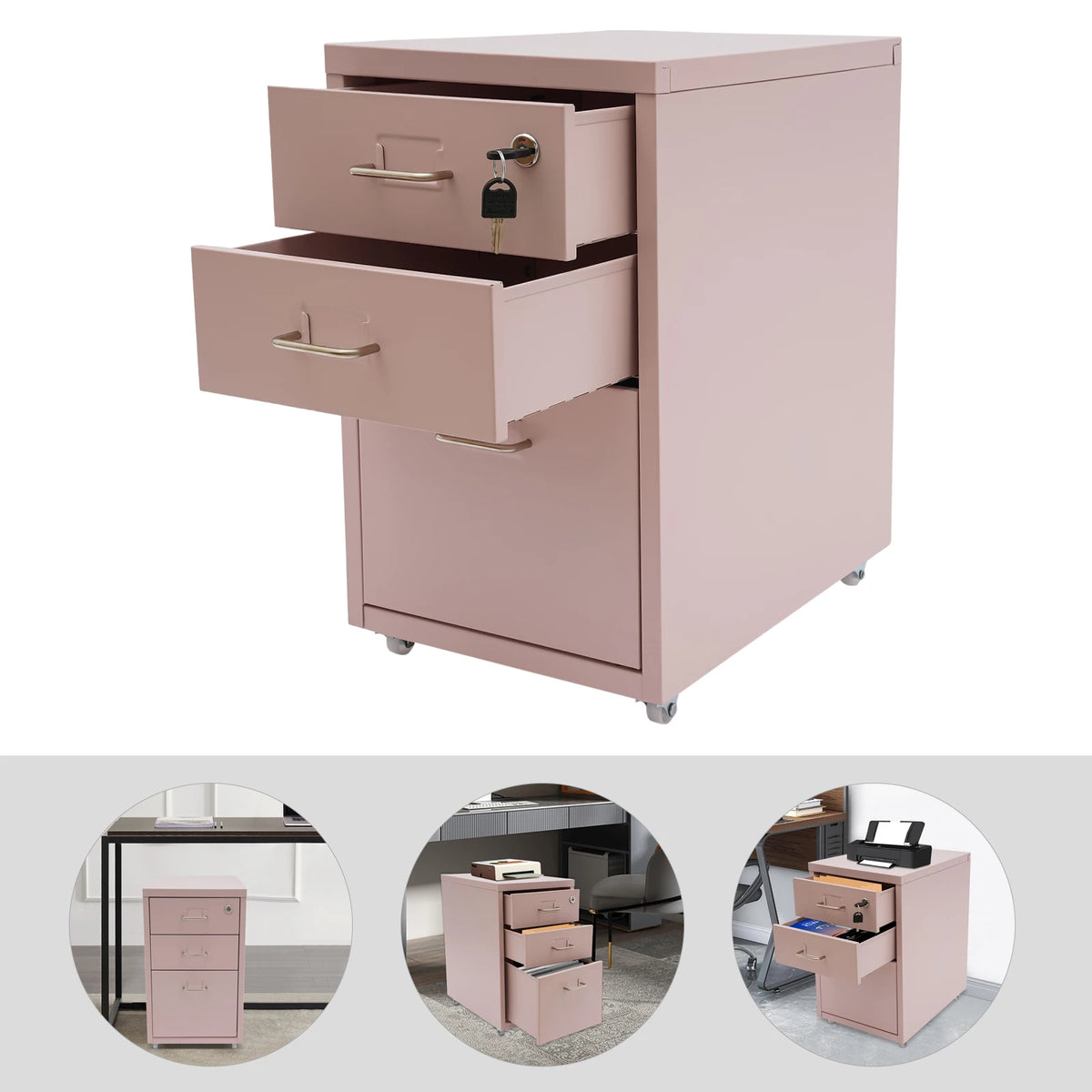 Three Tier Steel Mobile Filing Cabinet With Lock For Office