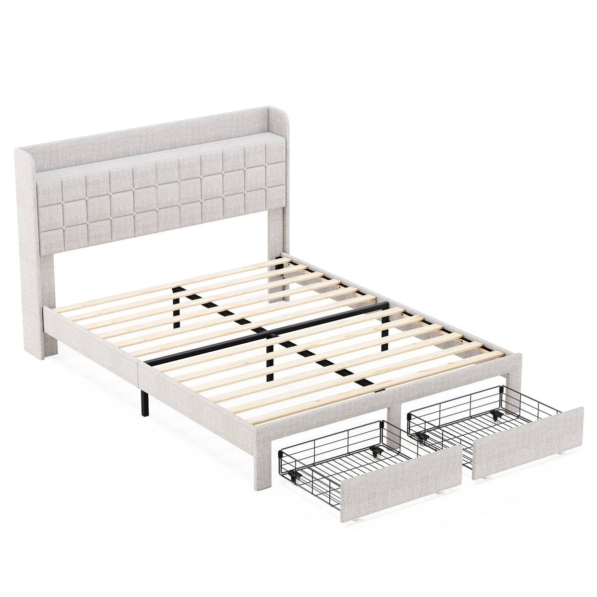 MCQ Upholstered Platform Bed Frame With Storage Drawers And Headboard