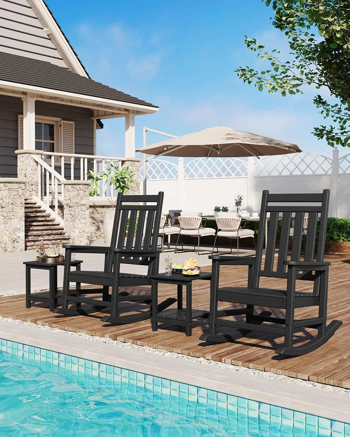 HDPE Outdoor Rocking Chair Pair with Matching Side Table for Patio