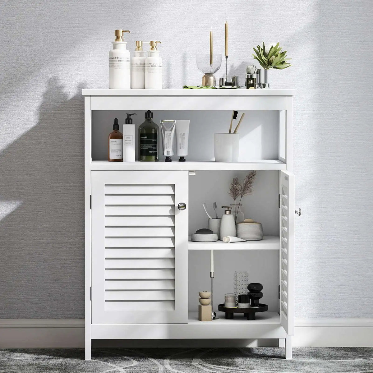 Modern Solid Wood Bathroom Storage Cabinet With Shutter Doors