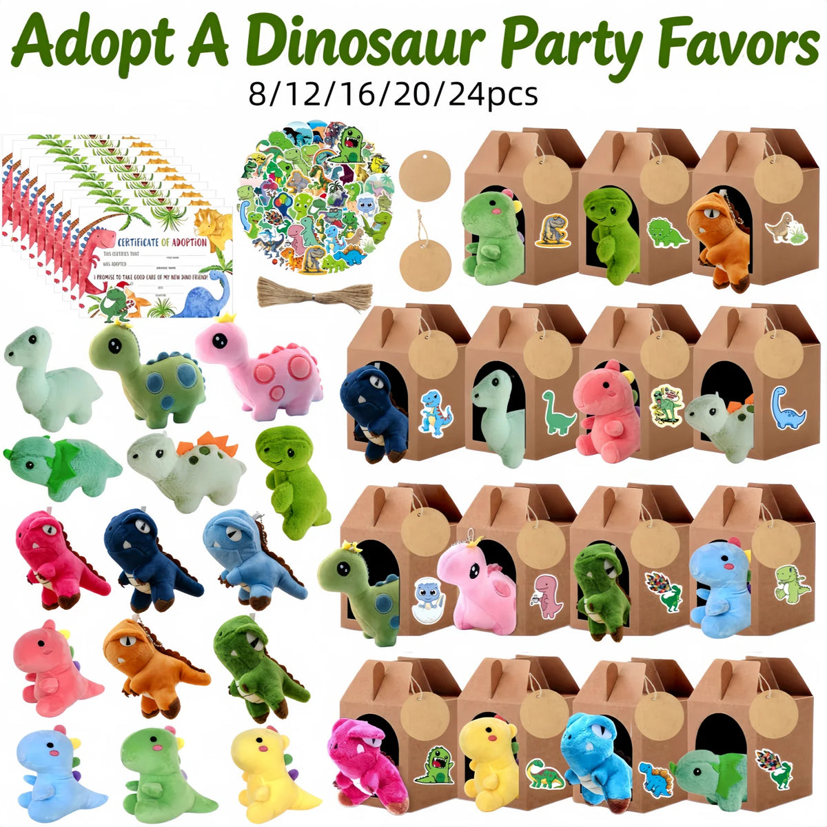 Dinosaur Stuffed Animal Party Favors With Adoption Card Birthday Gifts