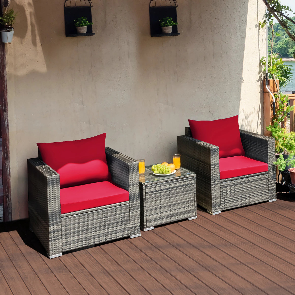 HOMASIS Outdoor Rattan Bistro Set With Cushioned Chairs And Table