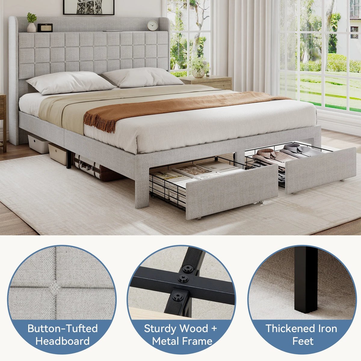 MCQ Upholstered Platform Bed Frame With Storage Drawers And Headboard