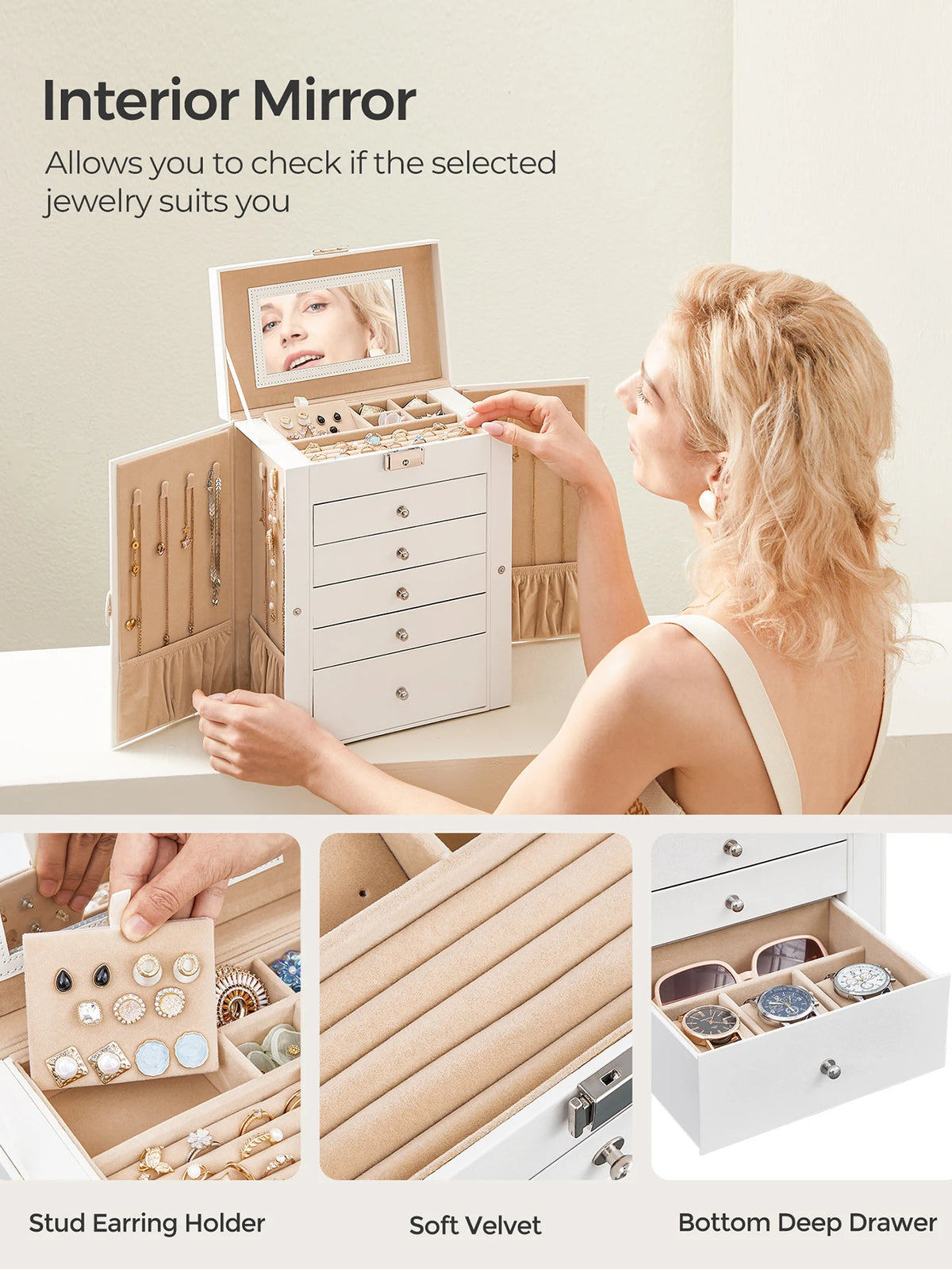 Jewelry Organizer Box With Mirror Lock And Five Storage Drawers