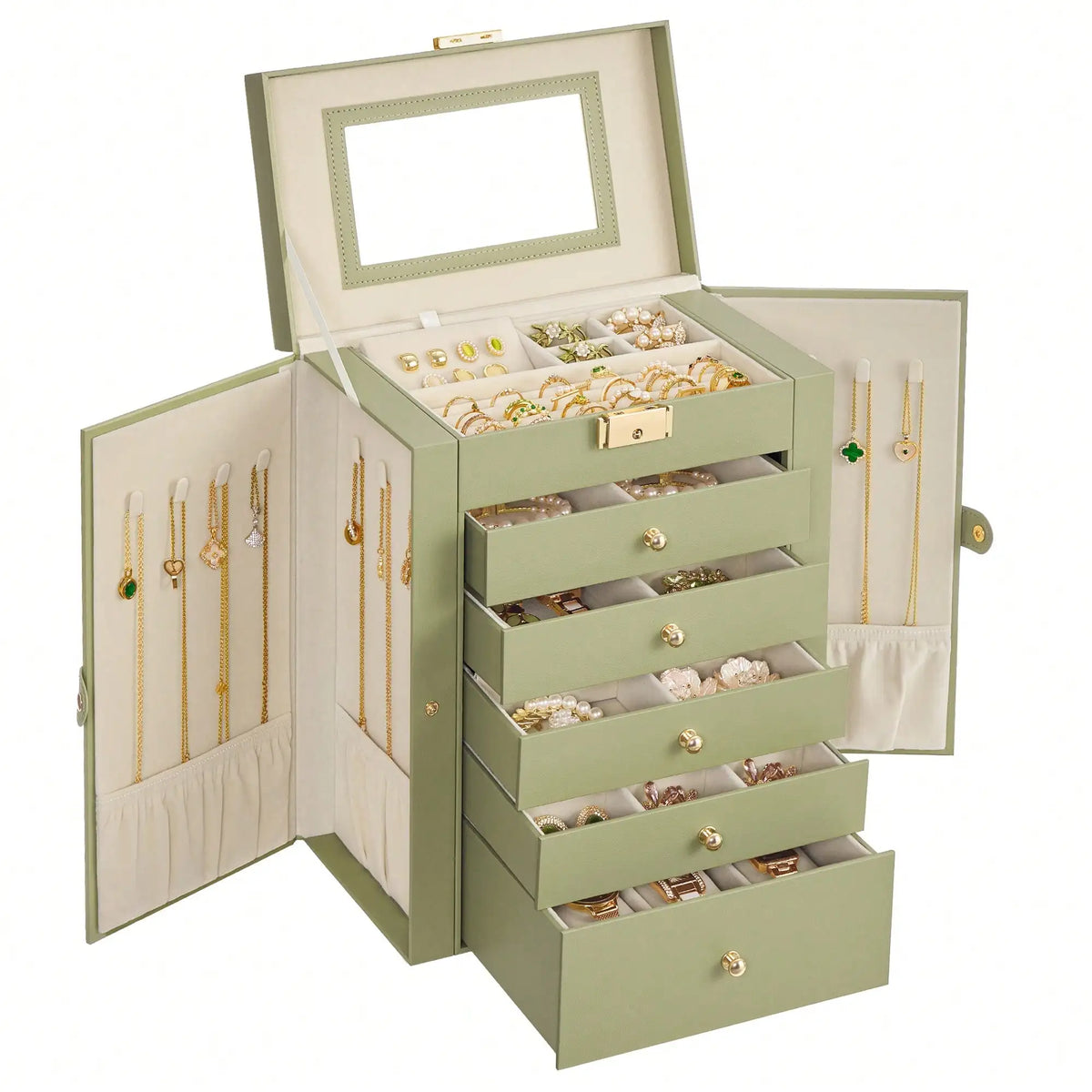 Jewelry Organizer Box With Mirror Lock And Five Storage Drawers