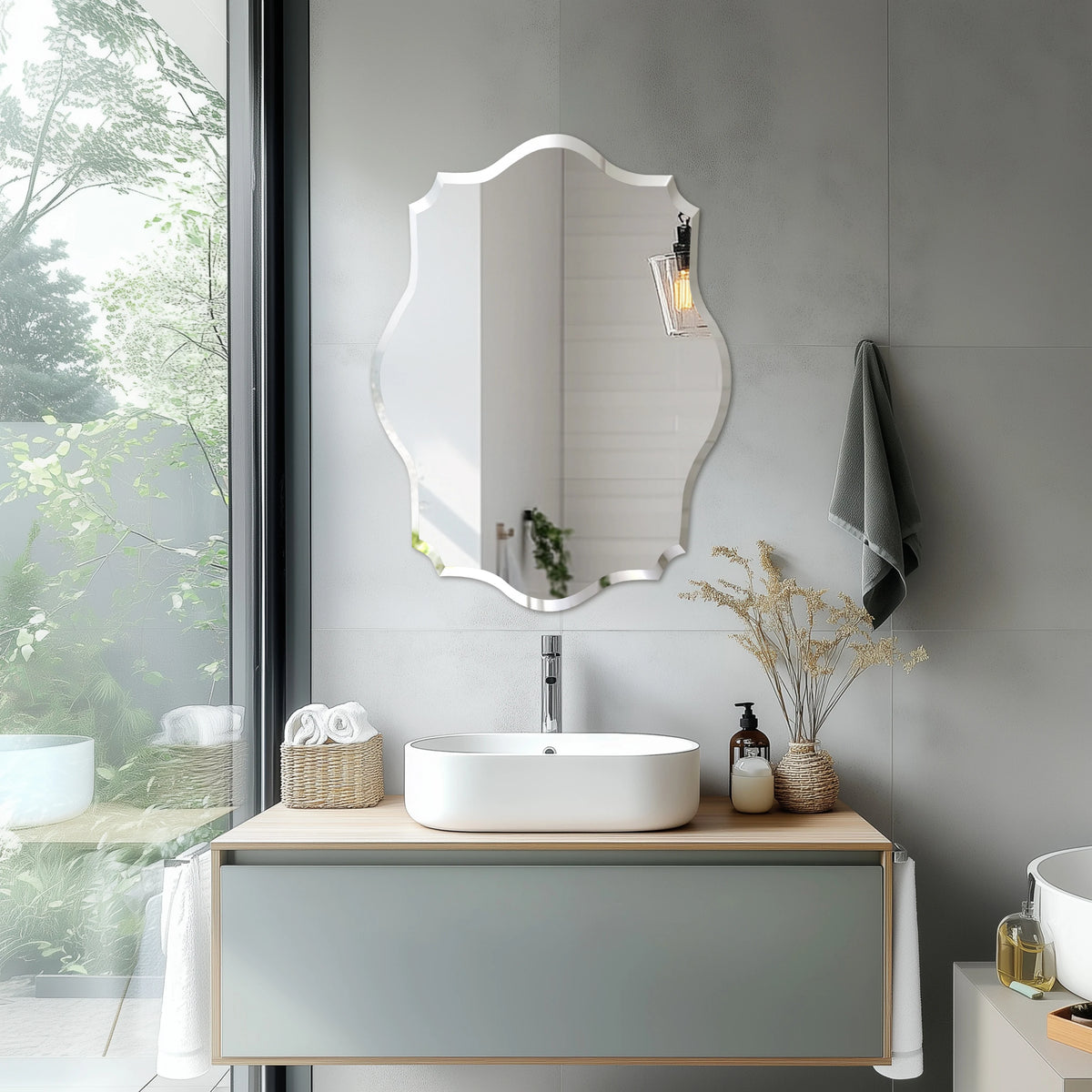 Wisfor Scalloped Wall Mirror Frameless Glass Beveled Edge Decorative