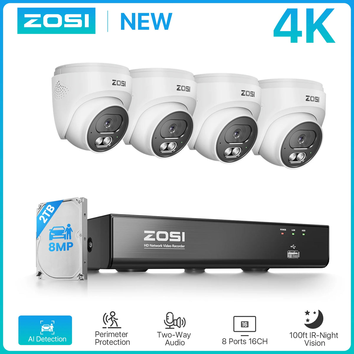 ZOSI AI PoE Security Camera System With Eight Channel NVR